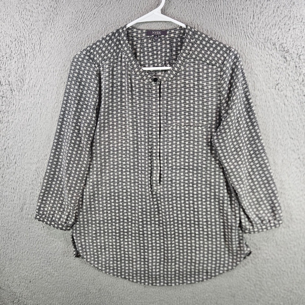 NYDJ Womens Black White Geometric Print Split Neck 3/4 Sleeve Blouse Size S